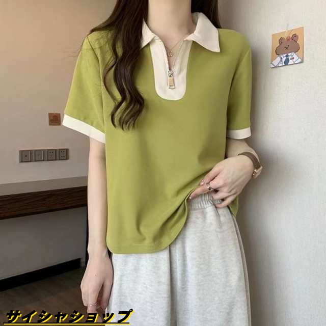 送料無料 ポロシャツ 半袖 ボーダー ニット トップス サマーニット ポロニット tシャツ vネック スキッパー ボーダー柄 襟付き ポロ ハーフジップ