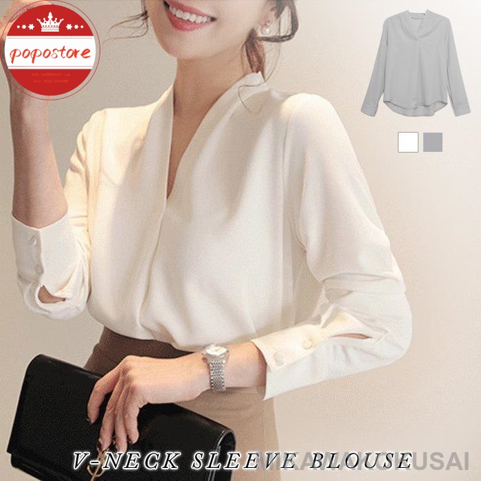 20代 グレー オフィス ポポストアブラウス アイボリー 白 チュニック 無地 シャツ 夏 トップス OL 30代 レディース 春夏 春 長袖 カジュアル Vネック 40代