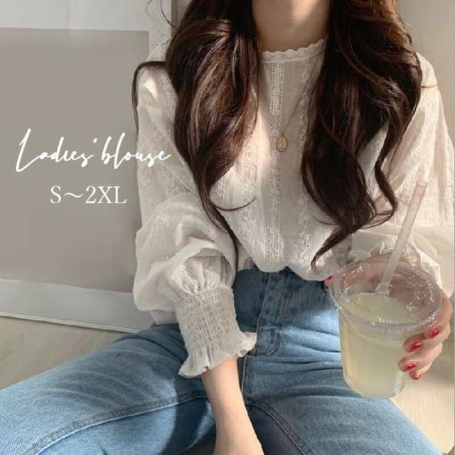 ブラウス 長袖 クルーネック プルオーバー トップス レディース 女性 婦人服 ぽわん袖 ボリューム袖 フリル レース おしゃれ