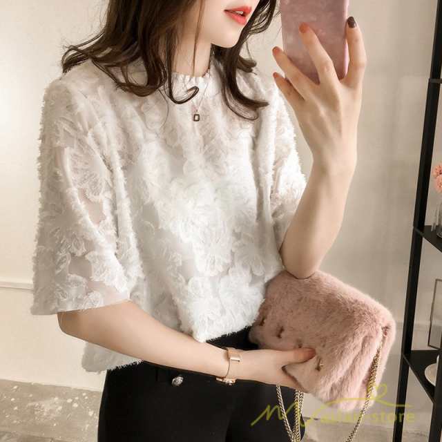 ブラウス シャツ レディース トップス 半袖 ハーフスリーブ 5分袖 レース シフォン カットソー Tシャツ クルーネック カジュアル ゆったり 夏服 夏 きれいめ