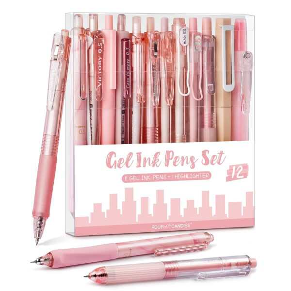 Four Candies 12本パステルゲルインクボールペンセット 11本ジェルボールペン＆1本蛍光ペン 引き込み式 0.5mm かわいい かきやすい ノート テイキングペン 学校 オフィス用（ピンク
