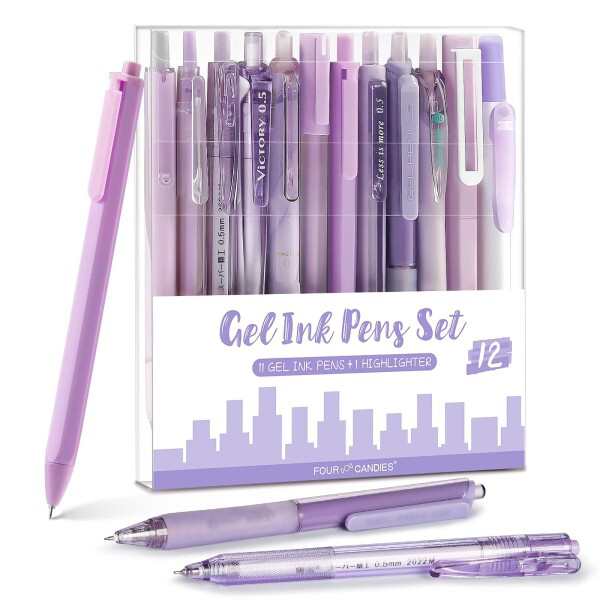 Four Candies 12本パステルゲルインクボールペンセット 11本ジェルボールペン＆1本蛍光ペン 引き込み式 0.5mm かわいい かきやすい ノート テイキングペン 学校 オフィス用(パープ