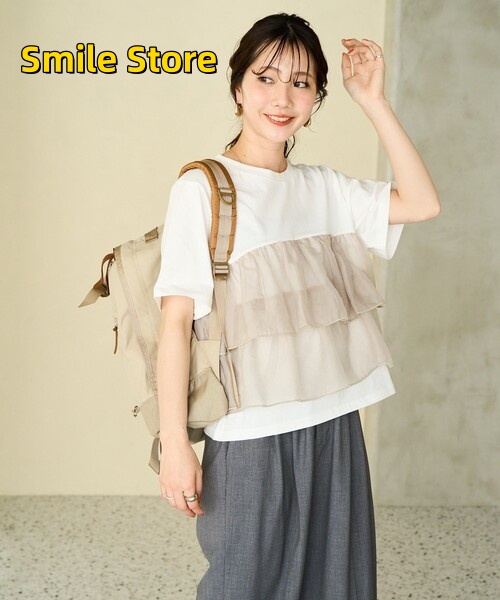 [Smile Store]レディース 限定展開 tシャツ オーガンジードッキング半袖Tシャツ
