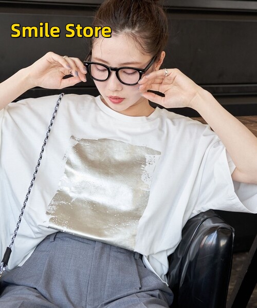 [Smile Store]レディース 箔 tシャツ 限定展開 プリント 半袖シャツ（Tシャツ） ビック