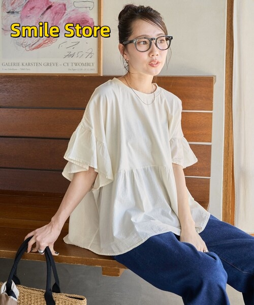 [Smile Store]tシャツ ドッキング 限定展開 トップス レディース ピグメント加工 フリル