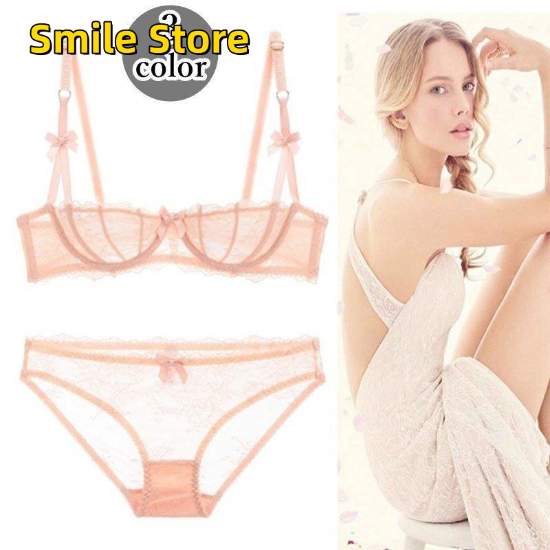[Smile Store]かわ 下着 上品 レース リボン パンティ レディース 花柄 上下 ショーツ インナー 1/2カップ 2点セット ブラジャー 透け感 パンツ おしゃれ