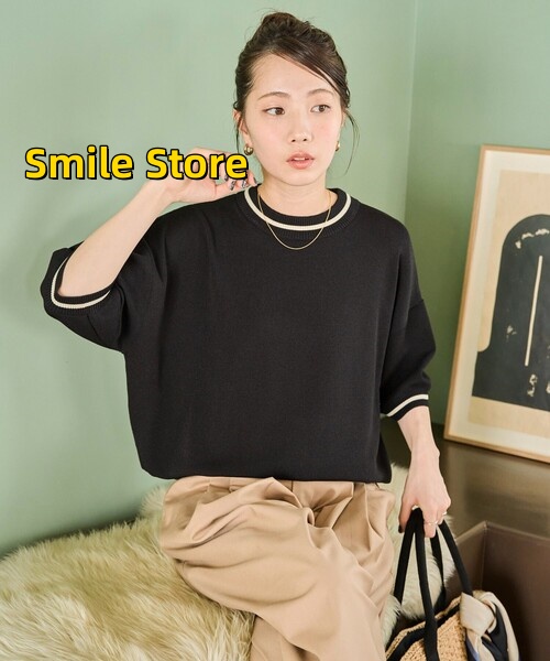 [Smile Store]ニット レディース Tシャツ サマーニット 半袖 ライン セーター 限定展開
