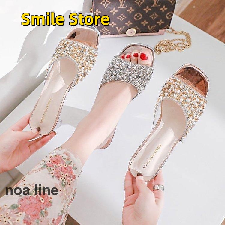 [Smile Store]痛くない スリッパ 歩きやすい 太めヒール 楽ちん 美脚 キラキラ 夏 婦人靴 レディース sandal ミュール サンダル 靴 シューズ 通勤 ノーストラップ
