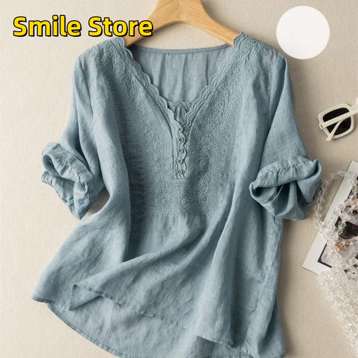 【Smile Store】5分袖 花柄 トップス コットンリネン チュニック フレア シャツ カットソー 半袖 ブラウス 綿麻 無地 刺繍 ゆったり 半袖シャツ レディース 夏 体型カバー