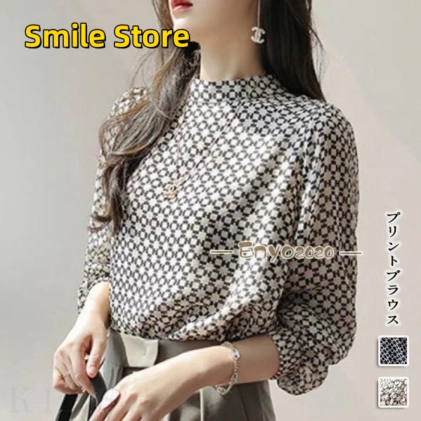 【Smile Store】ブラウス スタンドネック プリント シフォン レディース 長袖 フェミニン 春