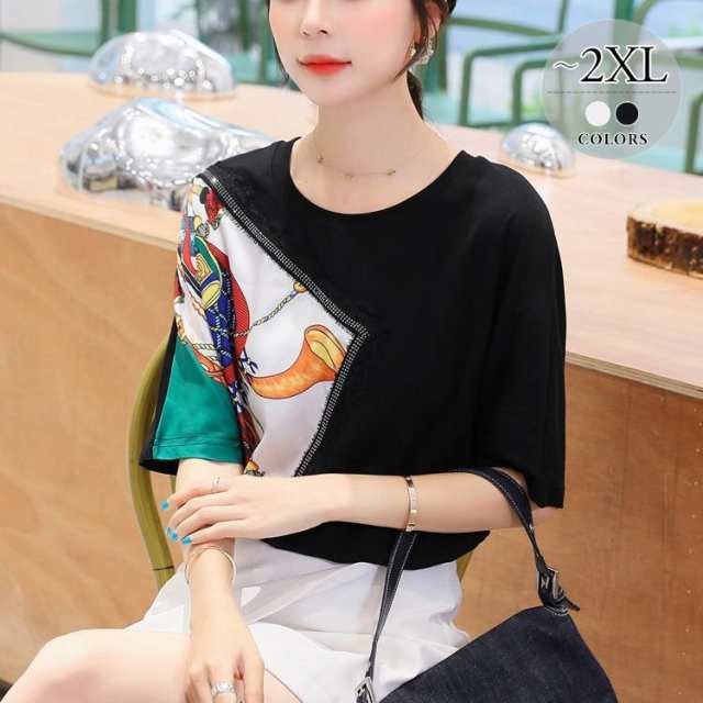 Tシャツ トップス スカーフ柄 ラウンドネック 半袖 レース アシンメトリー ブラック ホワイト ビーズ 甘め フェミニン きれいめ 清楚