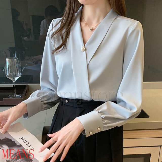 シフォン カシュクール シャツ ブラウス レディース シンプル 長袖 Vネック トップス 光沢 上品 大人 仕事オフィス おしゃれ ゆったり 無