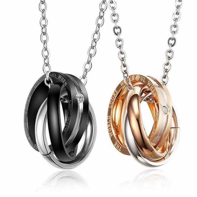 ペアネックレス リングネックレス ２点セット ステンレス リング ３連 ペンダント キュービックジルコニア 記念日 プレゼント