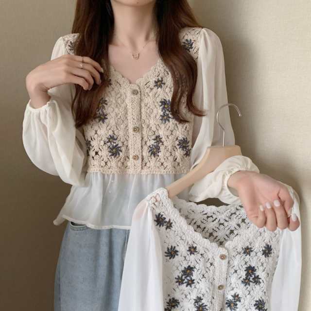 ブラウス トップス レディース カジュアル 袖あり 長袖 Vネック ドッキング 刺繍 クロシェ 大人 可愛い シンプル おしゃれ レトロ 女子力 こなれ感 ラブリー キュート ガーリー 個性的 シアー