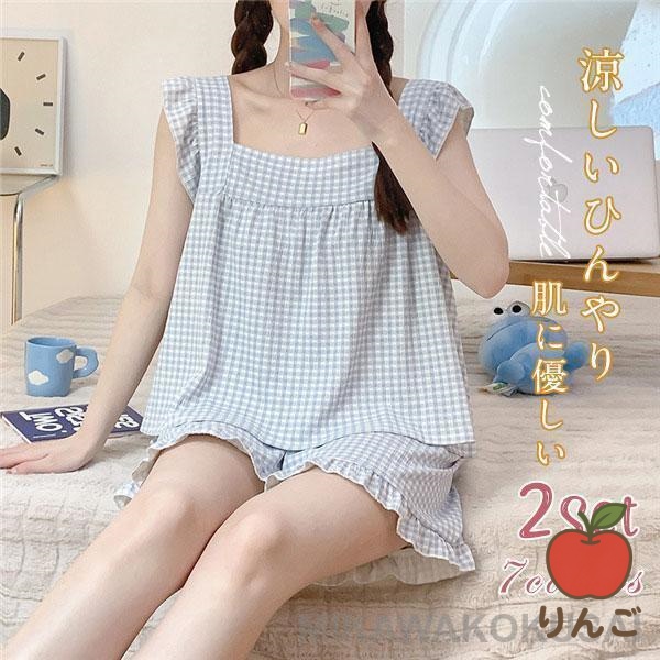 [りんご]寝巻き上下セット タップパンツ キャミ+パンツ ルームウエア ナイトウェア 夏 レディース インナー パジャマ キャミソール 部屋着 チェック柄