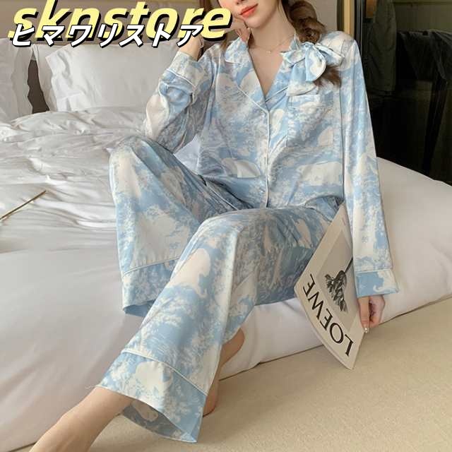 プレミアム アイスシルク パジャマ 長袖 春 秋 ミニマリスト 長ズボン ホームウェア 上下セット 薄い ポケット ナイトウェア 大人女子