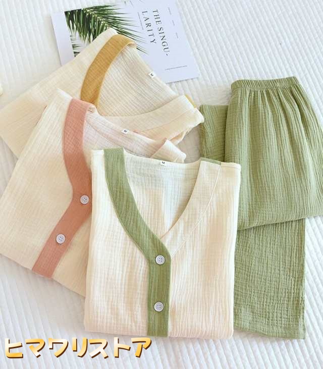 綿100％ ガーゼ パジャマ レディース ルームウェア パンツ 春 秋 切り替え 配色 春秋 長袖 ダブルガーゼ 2重ガーゼ 綿 部屋着 セットアップ 2点セット ナイト 寝間着 寝巻き 上下セット