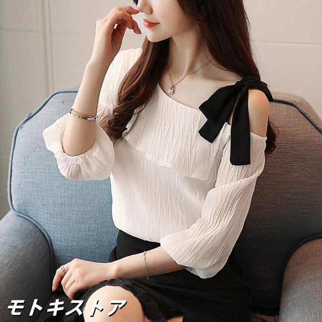 ブラウス レディース トップス オシャレ 白 シフォンブラウス 肩出し 大人可愛い リボン 上質感 ホワイト 夏 着痩せ シャツ新作