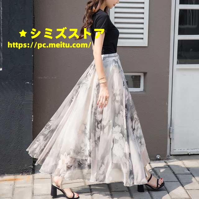チュールシフォン スカート ワンピース アンクル丈 透け感 2WAY 大人可愛い かわいい カジュアル サイズ S M L XL ホワイトグレー グリーン ダークグレー ピンク ブラック 花柄 春 夏
