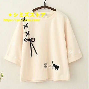Tシャツ カットソー 猫 編み上げ レディース 半袖 七分袖 黒猫 足跡 肉球 ねこ 刺繍 プリント リボン ラウンドネック トップス トレーナー 春 秋 かわいい 大人可愛い キュート ガーリー レ