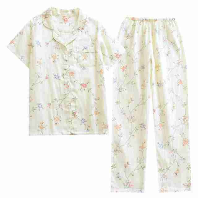 パジャマ レディース 夏 綿100％ 半袖 ルームウェア ガーゼパジャマ 花柄 上下セット 部屋着 前開き ウエストゴム ゆったり 吸汗通気 肌