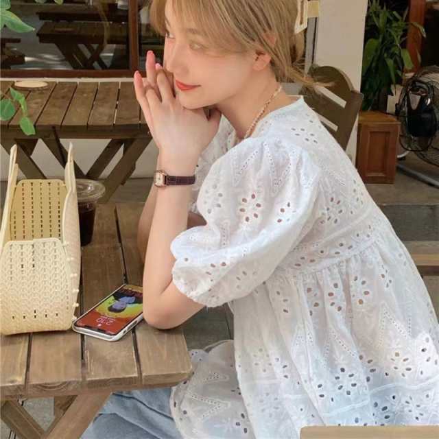 刺繍レースブラウス ブラウス レディース 春夏 トップス シャツ 七分袖 スキッパー レース 刺繍 フレア袖 スカラップ ギャザー ナチュラル フェミニン