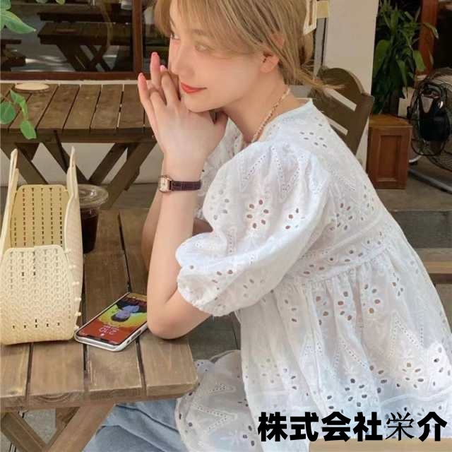 刺繍レースブラウス ブラウス レディース 春夏 トップス シャツ 七分袖 スキッパー レース 刺繍 フレア袖 スカラップ ギャザー ナチュラル フェミニン