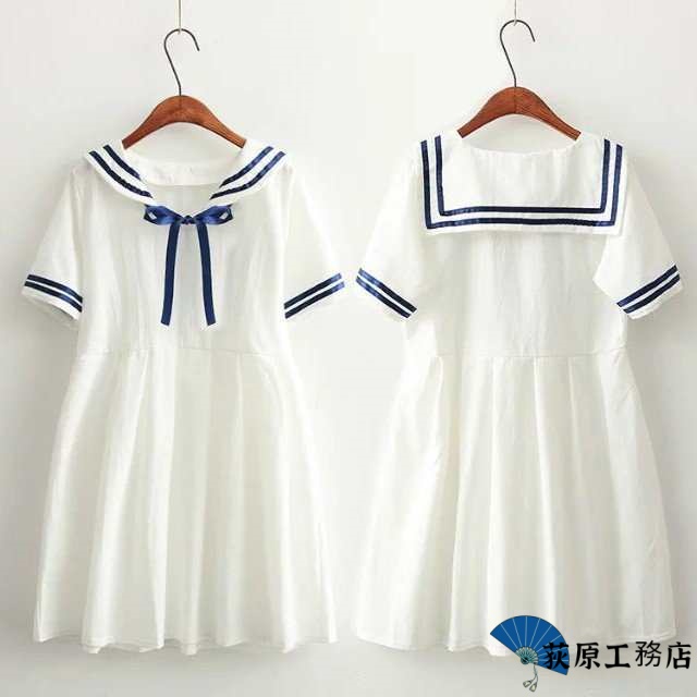 森ガール ワンピース セーラー襟 セーラー風 半袖 ワンピ リボン 学生 制服 春 セーラーワンピース 夏 白ライン aライン ひざ丈