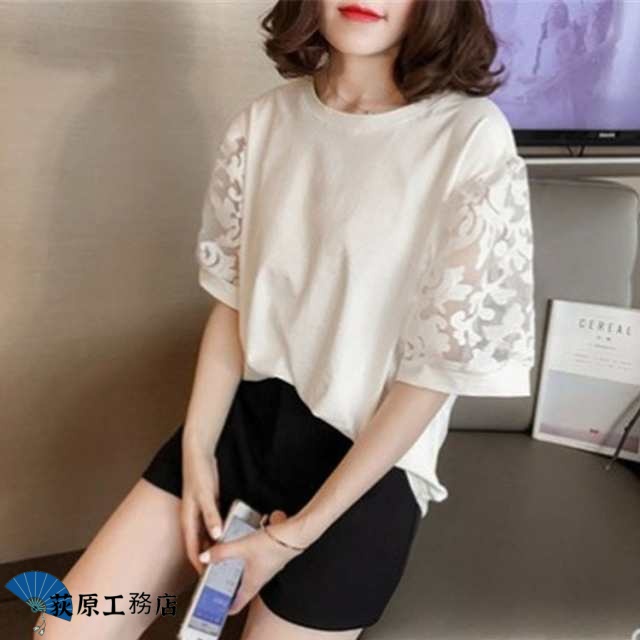 白 Tシャツ レディース 夏 無地 半袖Tシャツ レース切り替えトップス パフスリーブ ブラウス おしゃれ 大きいサイズ 韓国風 大人 通勤 着痩せ
