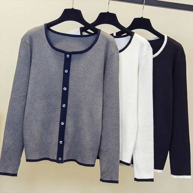 トップス レディース ニットソー セーター カーディガン風 XL 2XL 3XL 4XL グレー ホワイト ブラック ニット ハイゲージ 長袖 ボタン リブ バイカラー 切り替え ラウンドネック 伸縮