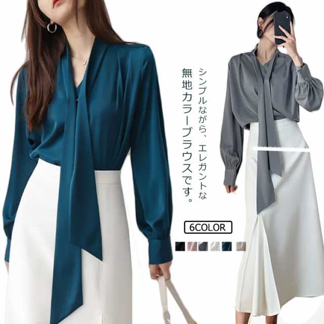 シャツブラウス シャツ トップス レディースファッション Vネックブラウス 全6色×5サイズ！ブラウス バルーン袖 長袖 サテンタッチ ギャザー 2XL エレガント おしゃれ フォーマル M L XL