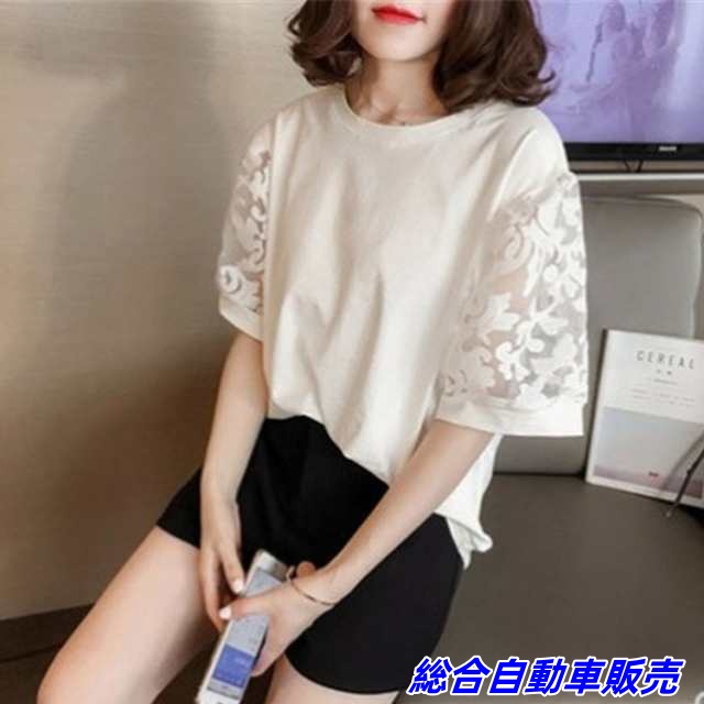 白 Tシャツ レディース 夏 無地 半袖Tシャツ レース切り替えトップス パフスリーブ ブラウス おしゃれ 大きいサイズ 韓国風 大人 通勤 着痩せ