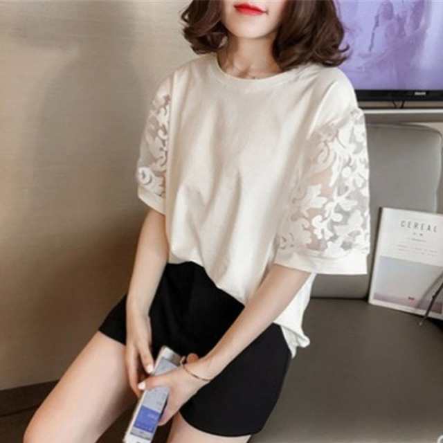白 Tシャツ レディース 夏 無地 半袖Tシャツ レース切り替えトップス パフスリーブ ブラウス おしゃれ 大きいサイズ 韓国風 大人 通勤 着痩せ