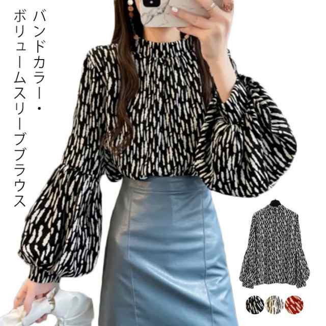 ブラウス レディース 長袖 シフォン ブラウス ボリュームスリーブ バンドカラー トップス シャツ 総柄 ボリューム袖 バルーンスリーブ ゆったり 体型カバー 上品 エレガント フェミニン フォーマル