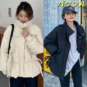 レディース 2カラー ダウン ジャケット ミディアム丈 ショート丈 アウター リボン 個性的 ダウンコート ウエスト 絞り 長袖 ジッパー