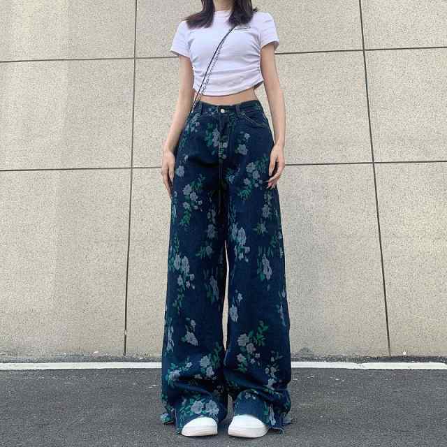 パンツ ズボン プリント スリット ハイウエスト 体型カバー 大きいサイズあり 原宿系ファッション 韓国風 ダンス 衣装 ダンサー ヒップホップ HIPHOP 個性 奇抜 かわいい 青文字系 ボトムス