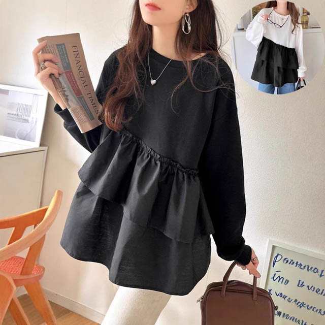 送料無料 tシャツ アシンメトリー 異素材切替 ティアードフリル 裏毛 トップス レディース 2色/S-XL