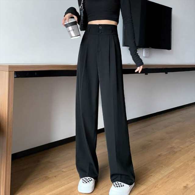 ボトムス パンツ ワイドパンツ ロング スリットセンタープレス ツータック スラックス ロング丈 ワイド ポケット ハイウエスト ウエストゴム ラフパンツ カジュアルパンツ 大人可愛い きれいめ シン