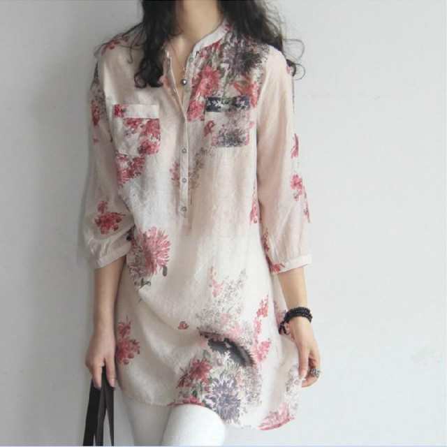 シャツ ブラウス レディース 花柄 和風 ノーカラー プルオーバー 7分袖 長袖 チュニック 体型カバー Good Clothes