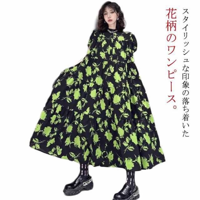 花柄 ティアードワンピース ロングワンピース レディース バンドカラー 半袖 柄ワンピ ティアード 配色 マキシ丈 ティアード 花柄 染模様 エレガント フェミニン 体型カバー ゆったり 春 夏 秋 