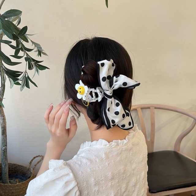バンスクリップ ヘアアクセサリー 韓国 大きめ リボン りぼん ドット柄 スマイル ニコ ハーフアップ ヘアクリップ ヘアピン レディース