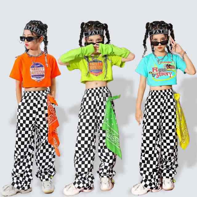 チェック柄 キッズ ダンス衣装 セットアップ 女の子 緑 おしゃれ かっこいい ファッション 白 ショート トップ へそ出し 肩だし 袖 シャツ トップス ロングパンツ