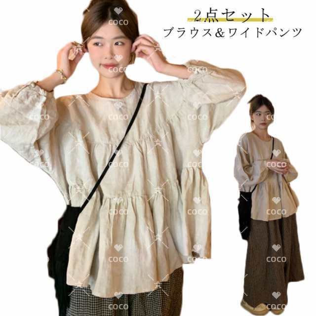 ブラウス パンツ レディース セットアップ パール付き袖 2点セット 長袖 Aライン トップス スーツ 体型カバー 着痩せ リネン風 きれいめ チュニック カジュアル チェック 入学式 透けにくい 着