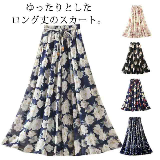 春 ベルト付き 夏 花柄 ハイウエスト フレアスカート ウエストゴム フレア スカート ロングスカート レディース 上品 大きサイズ 大きサイズ シフォン 夏 着痩せ 涼しい 20代 30代 40代 