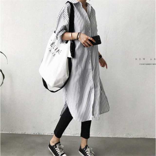 【ポイント10倍！】ワンピース シャツワンピース レディース 春 春夏 夏 ロングシャツ レディース ロングワンピース ロング丈 長袖 ストライプ 大きいサイズ ゆったり 体型カバー