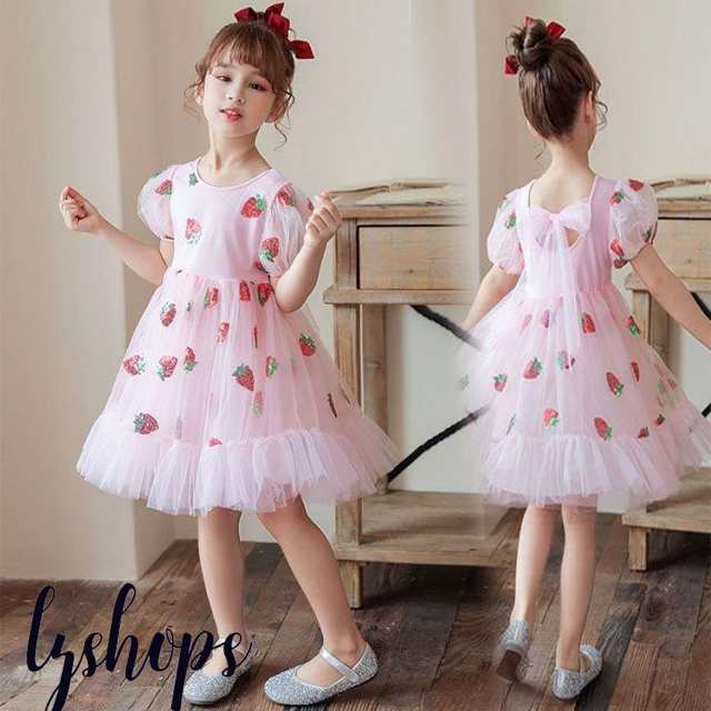 ワンピース キッズ 子供服 いちご柄 ピンク 半袖 夏 Aライン 女の子 ドレス パーティー プレゼント チュールスカート 女児 可愛い お出か
