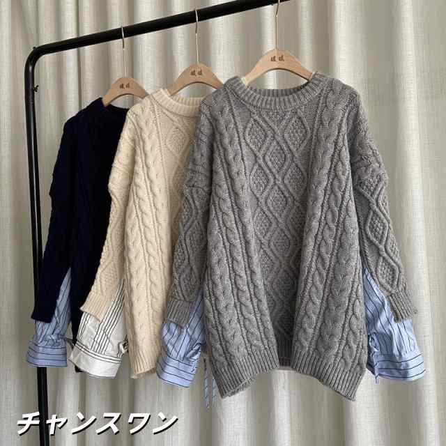 秋 冬 レディースセーター ニットセーター異素材コンビ 怠惰 薄い ウール ミドル丈 ステッチシャツ トップ ミディ丈 ニット 長袖 ワンサ