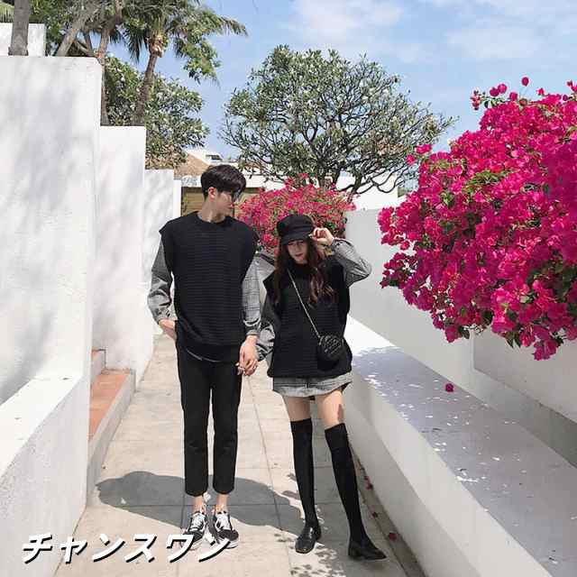 新作 春 秋 ニット ベスト シャツ チェック柄 フェイク 重ね着風 長袖 シンプル アイビールック プレッピー