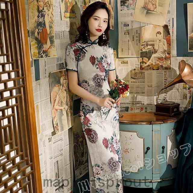 チャイナドレス ベトナム アオザイ ロング 花柄 長袖 ワンピース チャイナ服 コスプレ衣装 パーティードレス 結婚式 披露宴 スリット オシャレ 40代