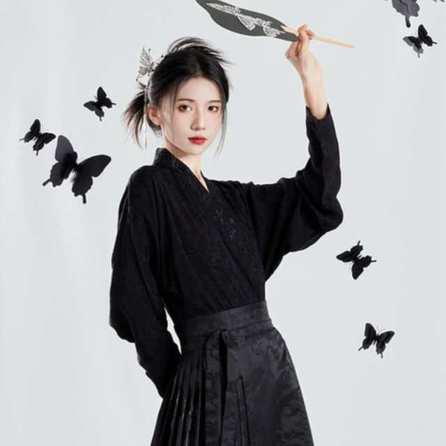 レディース ファッション 秋 レトロ チャイナ風 ゴールド スカート スーツ 漢服 黒 シャツ トップス セットアップ 女性用